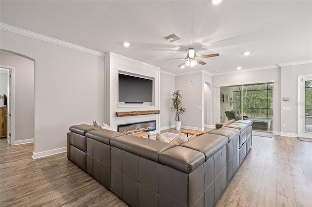 4166 Epic Cv, Land O Lakes, FL 34638 - living area with arched walkways, light wood finished floors, ceiling fan, a fireplace, and recessed lighting