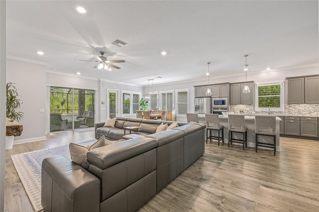 4166 Epic Cv, Land O Lakes, FL 34638 - living room with recessed lighting, plenty of natural light, light wood-type flooring, ornamental molding, and ceiling fan