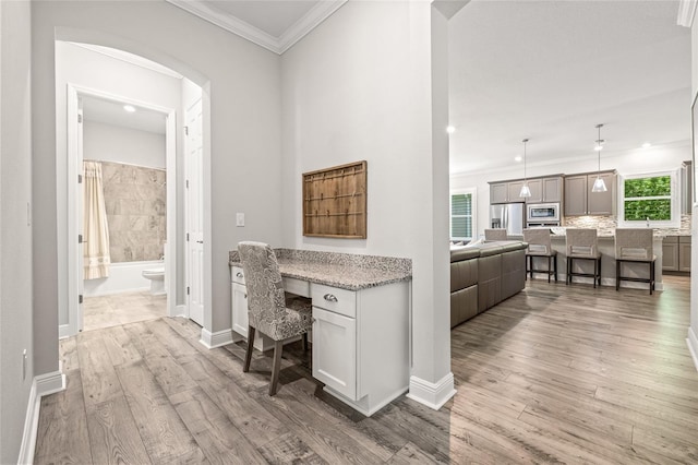 4166 Epic Cv, Land O Lakes, FL 34638 - office featuring ornamental molding, arched walkways, light wood-style flooring, built in desk, and recessed lighting