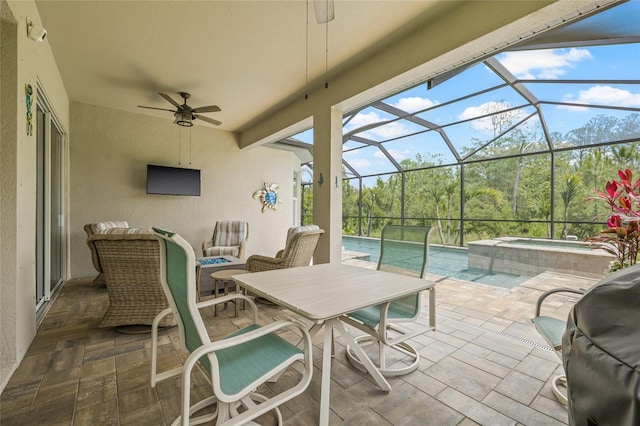 4166 Epic Cv, Land O Lakes, FL 34638 - view of patio featuring a ceiling fan, a lanai, and a pool with connected hot tub