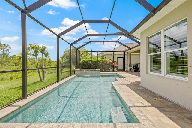 4166 Epic Cv, Land O Lakes, FL 34638 - view of swimming pool featuring a patio area, a pool with connected hot tub, a lawn, and glass enclosure