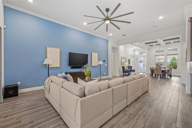 16712 Courtyard Loop, Land O Lakes, FL 34638 - living room with ceiling fan, recessed lighting, baseboards, wood finished floors, and ornamental molding