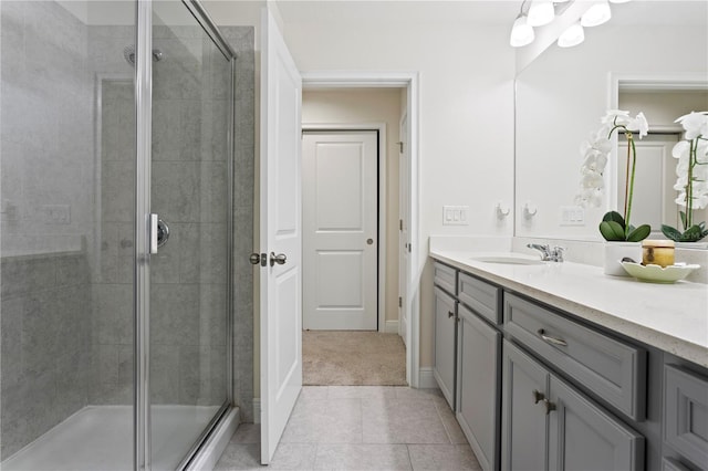 14110 Damselfly Dr, Tampa, FL 33625 - bathroom featuring a stall shower, vanity, and tile patterned floors