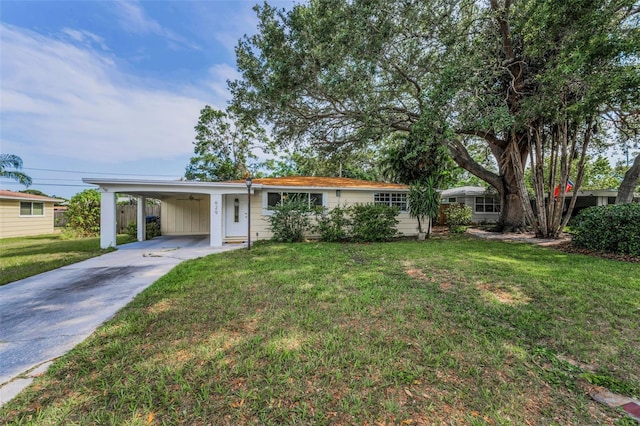 629 Lexington St, Dunedin, FL 34698 - ranch-style home featuring concrete driveway, an attached carport, and a front lawn