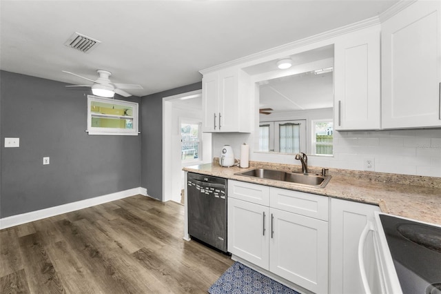 629 Lexington St, Dunedin, FL 34698 - kitchen with dishwasher, range, a ceiling fan, white cabinetry, and dark wood finished floors