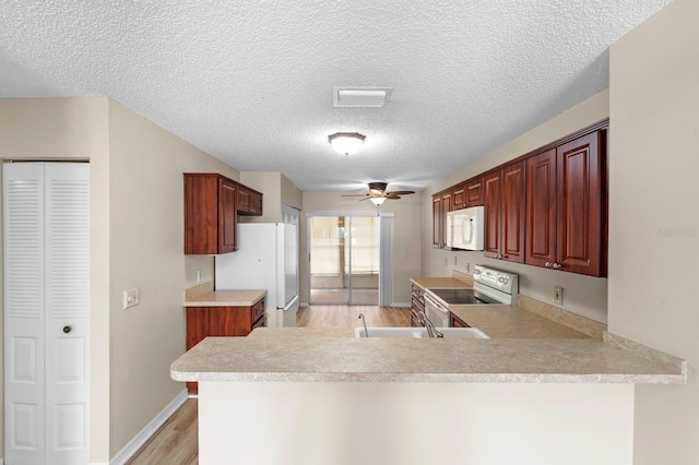 kitchen featuring white appliances, light wood-type flooring, light countertops, a textured ceiling, and a ceiling fan