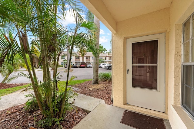 view of exterior entry with stucco siding