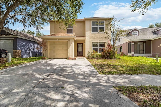 5839 Meadowpark Pl, Lithia, FL 33547 - traditional-style home featuring stucco siding, concrete driveway, a garage, and a sunroom