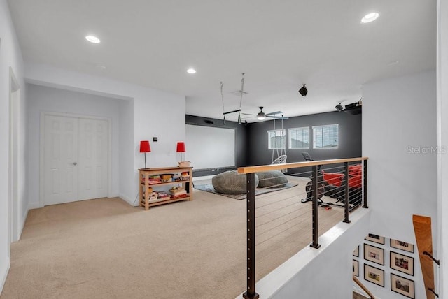 rec room with a ceiling fan, recessed lighting, carpet, and baseboards