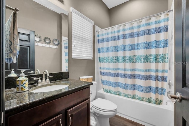 5724 Shell Ridge Dr, Lithia, FL 33547 - full bath featuring vanity, shower / tub combo with curtain, and wood finished floors