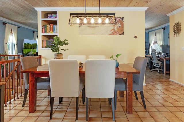 854 77th Ave N, Saint Petersburg, FL 33702 - dining space with ornamental molding, wood ceiling, light tile patterned floors, and an office area