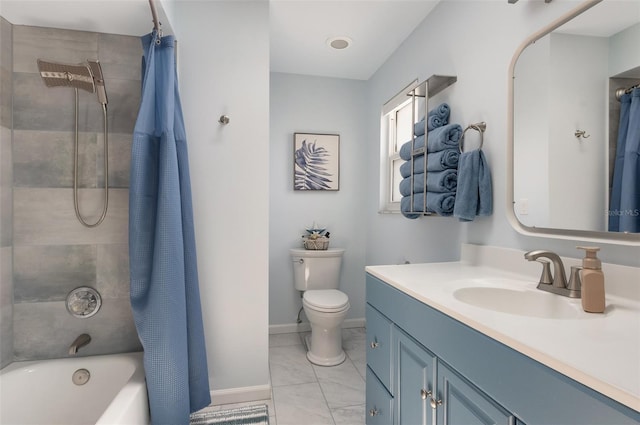 854 77th Ave N, Saint Petersburg, FL 33702 - bathroom featuring marble look tiles, baseboards, toilet, vanity, and shower / tub combo