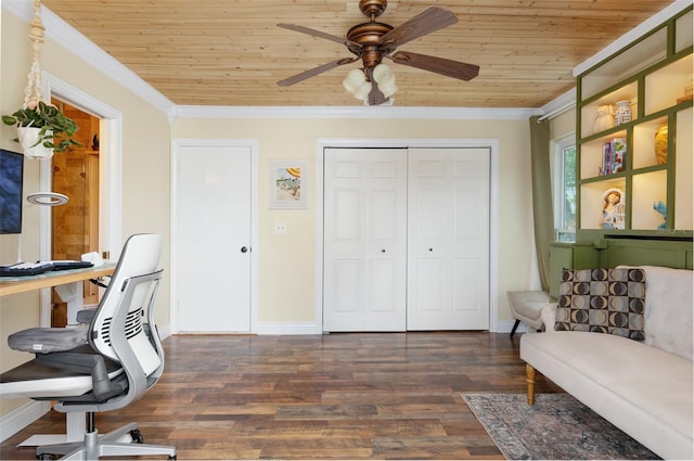 854 77th Ave N, Saint Petersburg, FL 33702 - home office with wood ceiling, a ceiling fan, crown molding, dark wood-type flooring, and baseboards