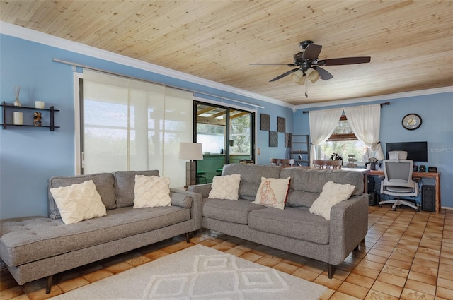 854 77th Ave N, Saint Petersburg, FL 33702 - living area with crown molding, plenty of natural light, ceiling fan, and wood ceiling