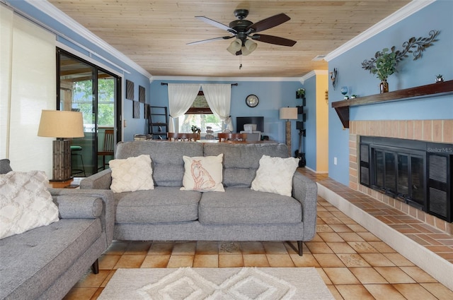 854 77th Ave N, Saint Petersburg, FL 33702 - tiled living area with crown molding, ceiling fan, a brick fireplace, and wooden ceiling