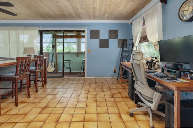 854 77th Ave N, Saint Petersburg, FL 33702 - office area featuring crown molding, healthy amount of natural light, a ceiling fan, light tile patterned floors, and wooden ceiling