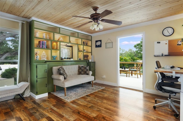 854 77th Ave N, Saint Petersburg, FL 33702 - office area with ornamental molding, hardwood / wood-style floors, a ceiling fan, wooden ceiling, and baseboards