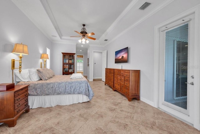 5507 Keeler Oak St, Lithia, FL 33547 - bedroom featuring crown molding, a raised ceiling, ceiling fan, and light tile patterned floors