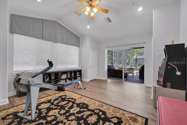 5507 Keeler Oak St, Lithia, FL 33547 - exercise room featuring lofted ceiling, wood finished floors, ceiling fan, and recessed lighting