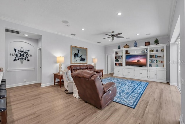 5507 Keeler Oak St, Lithia, FL 33547 - living area featuring a ceiling fan, light wood-type flooring, ornamental molding, and recessed lighting