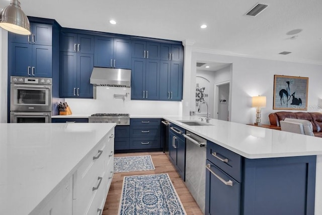 5507 Keeler Oak St, Lithia, FL 33547 - kitchen with under cabinet range hood, blue cabinets, stainless steel appliances, light countertops, and light wood-type flooring