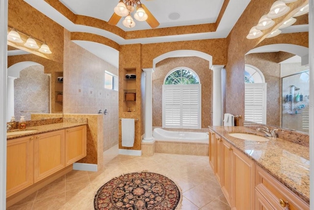 5507 Keeler Oak St, Lithia, FL 33547 - full bathroom featuring a walk in shower, a ceiling fan, two vanities, and tile patterned flooring