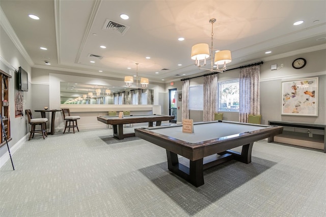 16101 Cape Coral Dr, Wimauma, FL 33598 - game room featuring pool table, carpet floors, ornamental molding, recessed lighting, and a chandelier