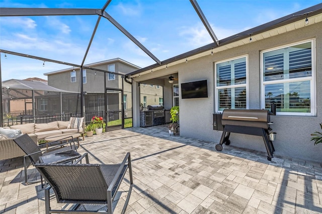 11322 Lake Lucaya Dr, Riverview, FL 33579 - view of patio / terrace with an outdoor hangout area, a lanai, and ceiling fan