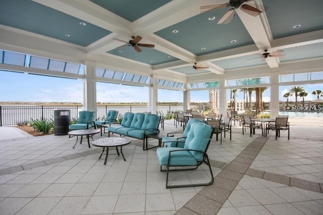11322 Lake Lucaya Dr, Riverview, FL 33579 - view of patio featuring ceiling fan and a water view