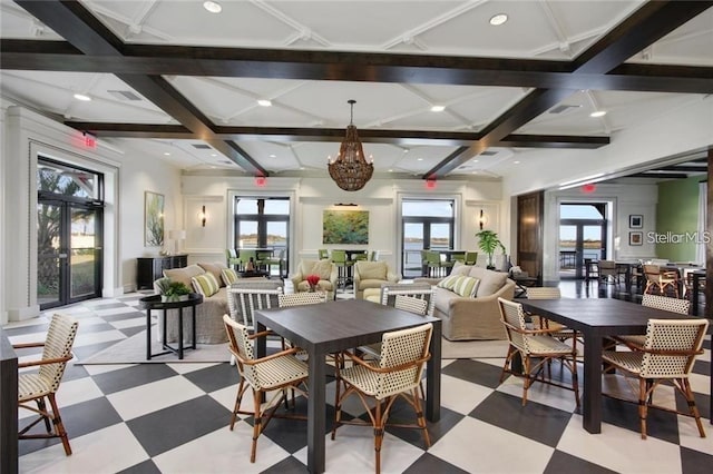 11322 Lake Lucaya Dr, Riverview, FL 33579 - dining room featuring plenty of natural light, coffered ceiling, light flooring, and beamed ceiling