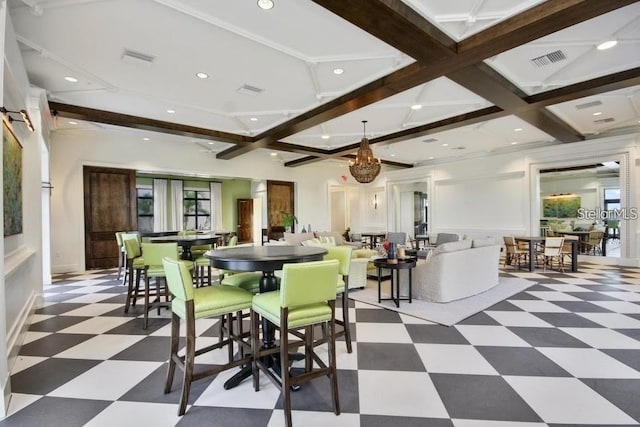 11322 Lake Lucaya Dr, Riverview, FL 33579 - dining space featuring tile patterned floors and coffered ceiling