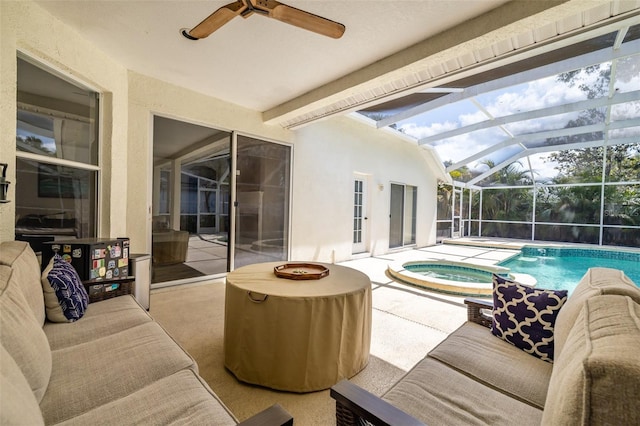 4612 River Overlook Dr, Valrico, FL 33596 - view of swimming pool featuring a ceiling fan, a patio area, glass enclosure, and a pool with connected hot tub