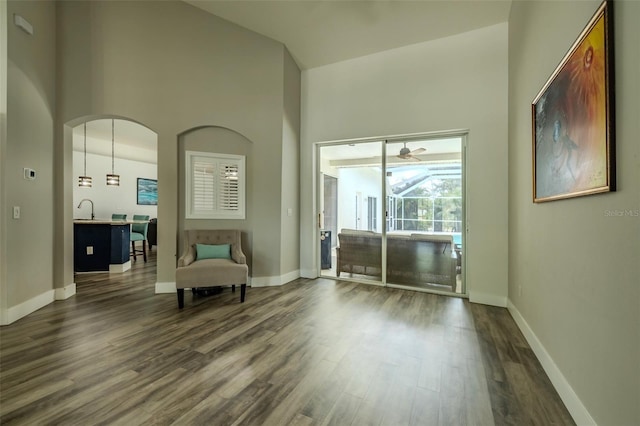 4612 River Overlook Dr, Valrico, FL 33596 - living area with dark wood-style flooring, arched walkways, and a towering ceiling