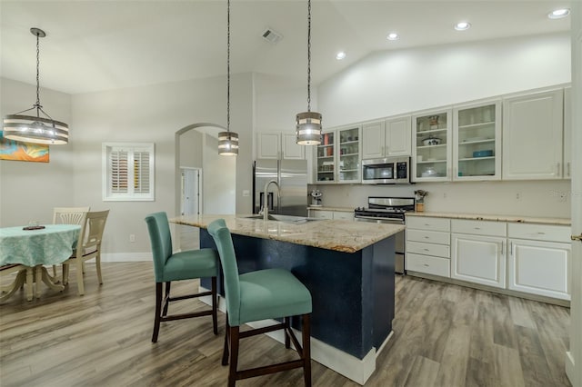 4612 River Overlook Dr, Valrico, FL 33596 - kitchen featuring stainless steel appliances, light wood finished floors, a kitchen island with sink, white cabinetry, and recessed lighting