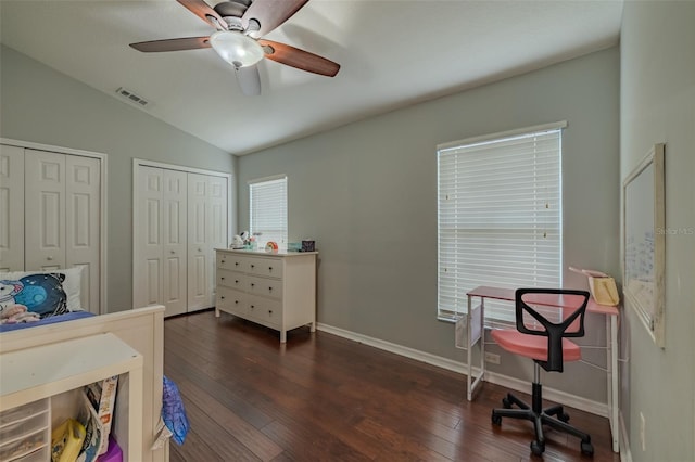 4612 River Overlook Dr, Valrico, FL 33596 - bedroom featuring lofted ceiling, dark wood-style flooring, multiple closets, and a ceiling fan