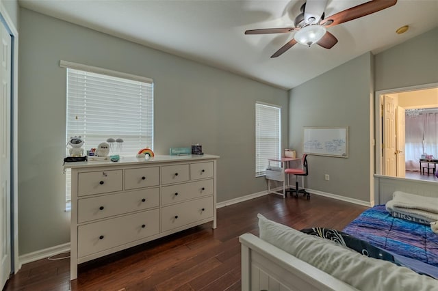 4612 River Overlook Dr, Valrico, FL 33596 - bedroom with lofted ceiling, dark wood-style floors, and a ceiling fan