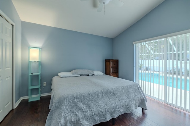 4612 River Overlook Dr, Valrico, FL 33596 - bedroom with vaulted ceiling, access to exterior, wood finished floors, and a ceiling fan