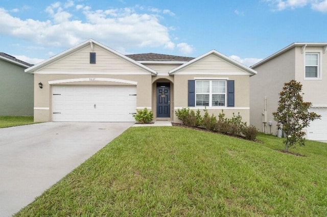 9532 Black Walnut Dr, Clermont, FL 34715 - view of front of house with concrete driveway, a front lawn, stucco siding, and an attached garage