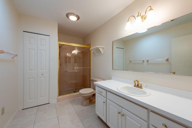 106 Silverbell Ct, Sun City Center, FL 33573 - full bathroom featuring a closet, toilet, a shower stall, tile patterned floors, and vanity