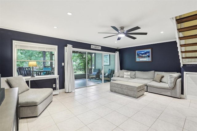 330 Woods Landing Trl, Oldsmar, FL 34677 - living area with a ceiling fan, recessed lighting, crown molding, light tile patterned flooring, and baseboards