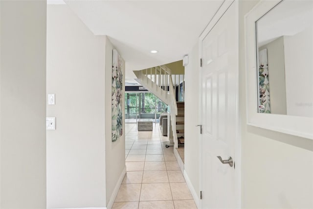 330 Woods Landing Trl, Oldsmar, FL 34677 - corridor with light tile patterned floors, stairs, baseboards, and recessed lighting