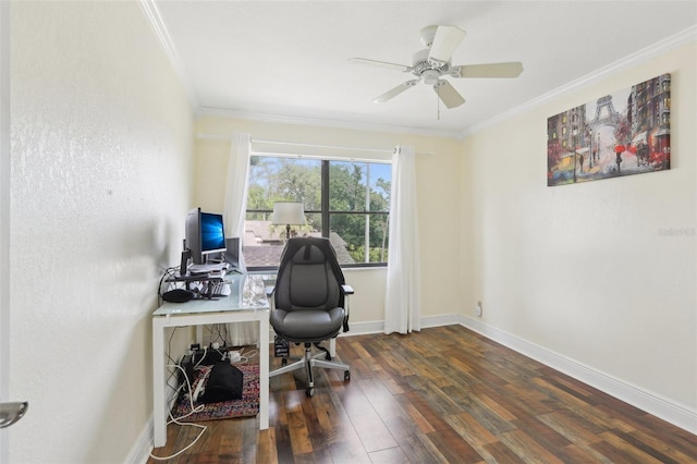 330 Woods Landing Trl, Oldsmar, FL 34677 - office space featuring ornamental molding, wood finished floors, ceiling fan, and baseboards