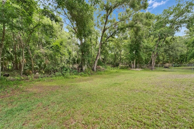 view of yard featuring a forest view