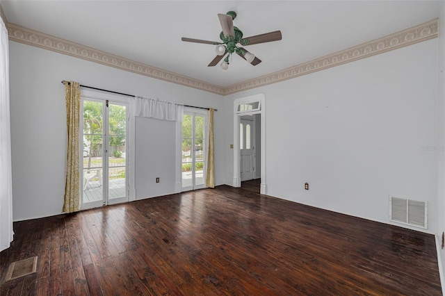 empty room with hardwood / wood-style flooring and a ceiling fan