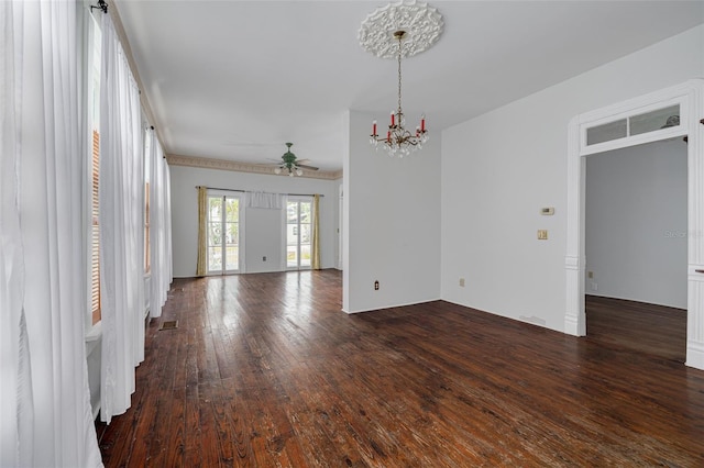 unfurnished room featuring a chandelier, ceiling fan, and wood-type flooring