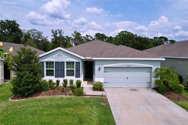 single story home featuring roof with shingles, stucco siding, concrete driveway, a garage, and a front lawn