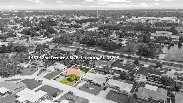 1453 62nd Ter S, Saint Petersburg, FL 33705 - aerial view of property's location with property boundaries highlighted and a nearby body of water