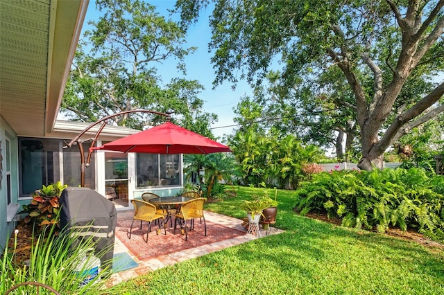 view of grassy yard with a patio area