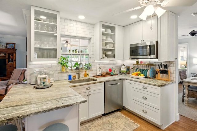 kitchen featuring appliances with stainless steel finishes, a ceiling fan, a sink, white cabinetry, and ornamental molding
