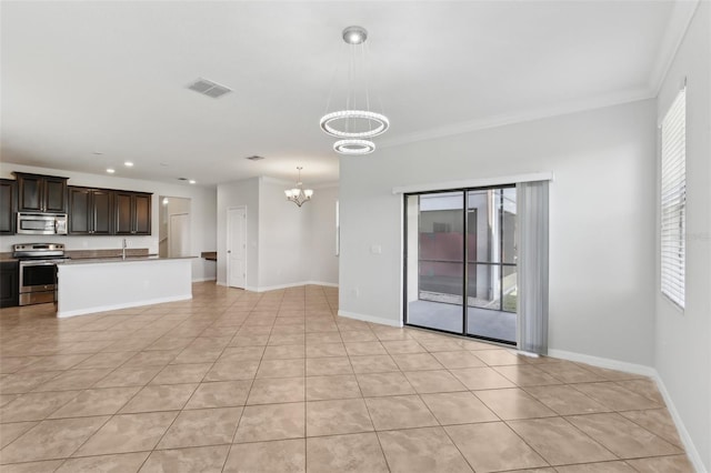 1119 Ballard Green Pl, Brandon, FL 33511 - unfurnished living room with a chandelier, light tile patterned floors, crown molding, recessed lighting, and baseboards